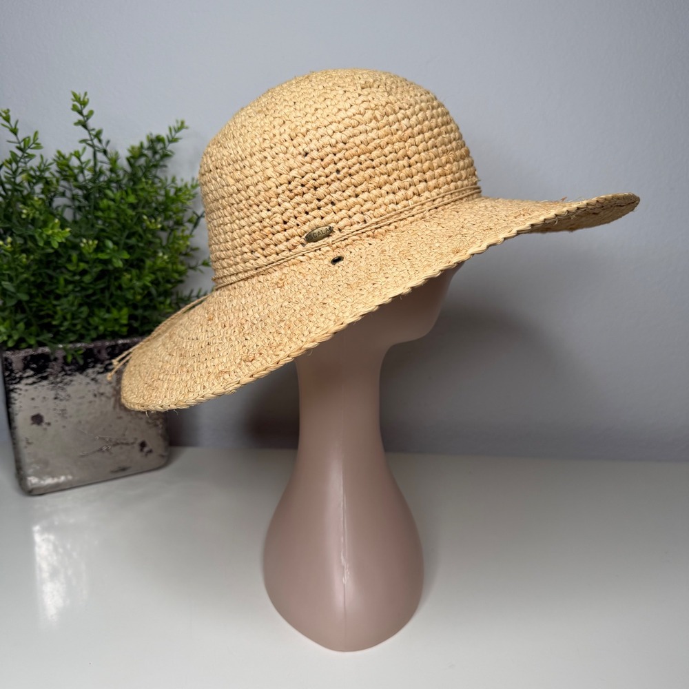 Scala Sun Hat Womens Tan Hand Woven Raffia Straw Wide Brim Boho OS - Picture 4 of 8